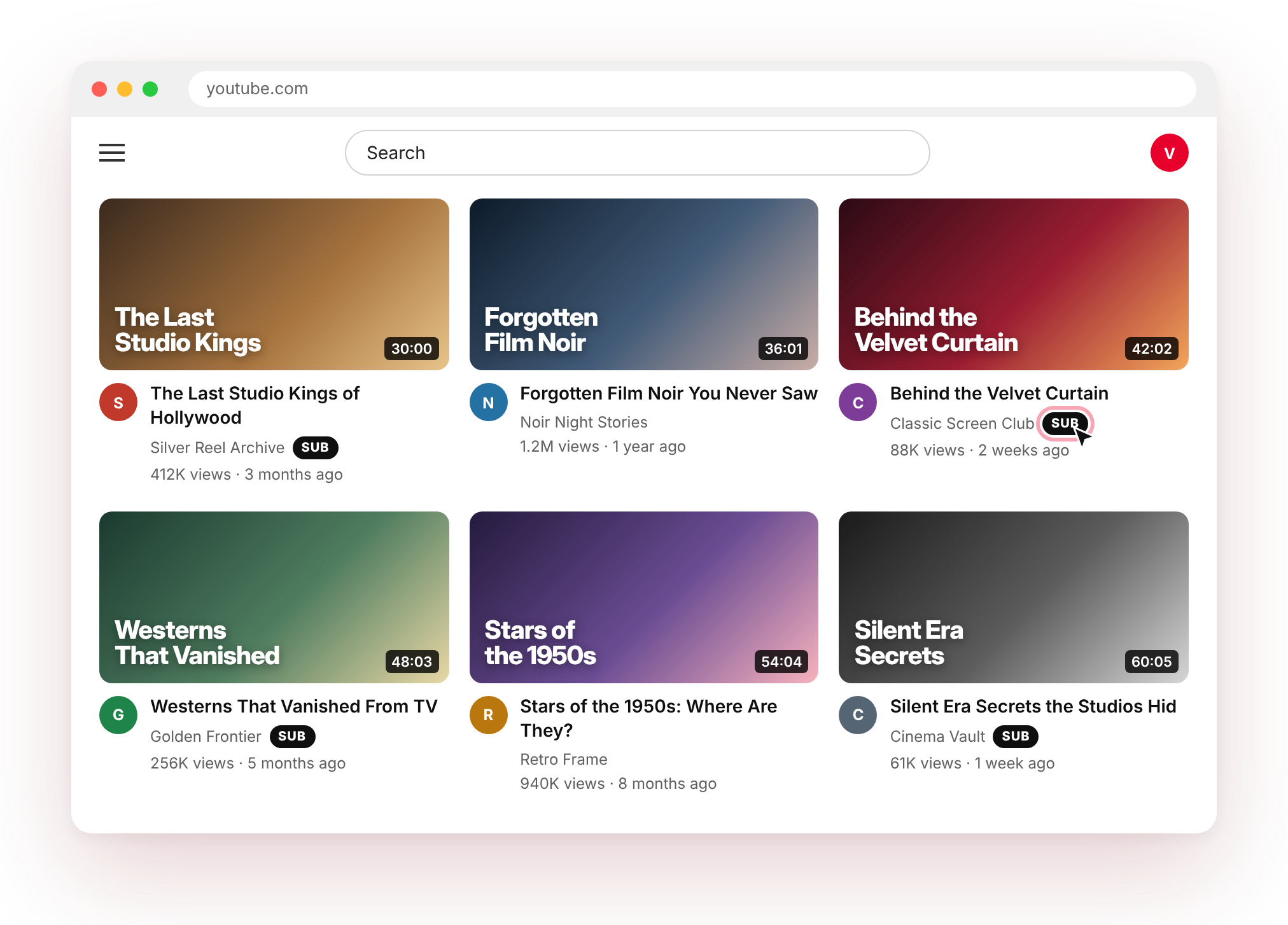 YouTube Home feed with compact SUB buttons